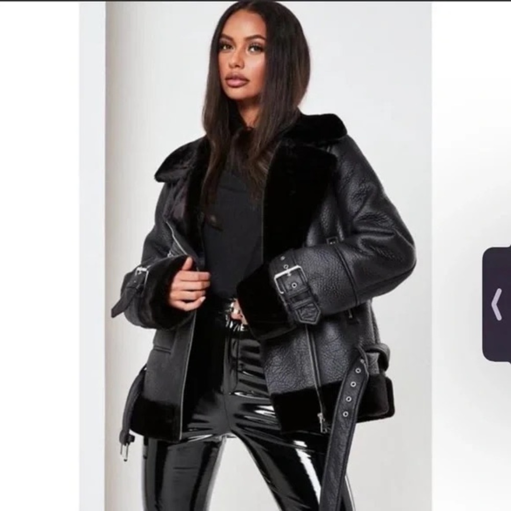 Missguided Premium Black Zip Detail Aviator Leather Jacket Women’s Size 2